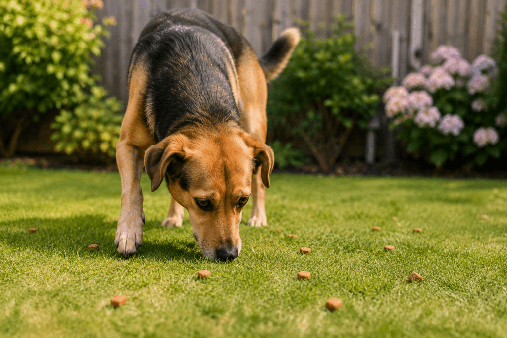 Dog foraging for scattered treats in a yard, a low-pressure confidence-building activity-thelostpie