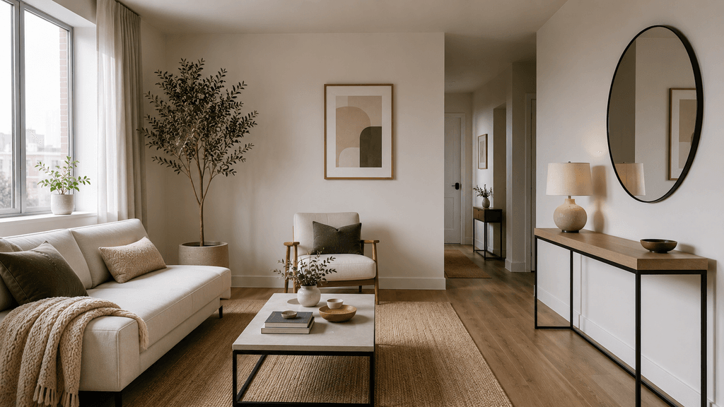 A small living room with one completely clear console table surface, minimal decor, and generous negative space between furniture pieces — calm, uncluttered interior photography style - thelostpie