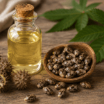 Bottle of castor oil next to raw castor beans, showing the source of this old home remedy - thelostpie