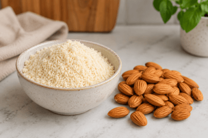 Bowl of almond flour beside whole almonds, an ingredient sometimes used in homemade dog treats