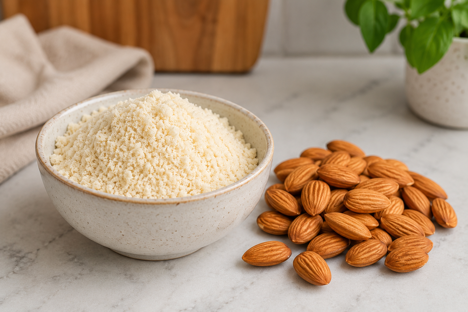 Bowl of almond flour beside whole almonds, an ingredient sometimes used in homemade dog treats