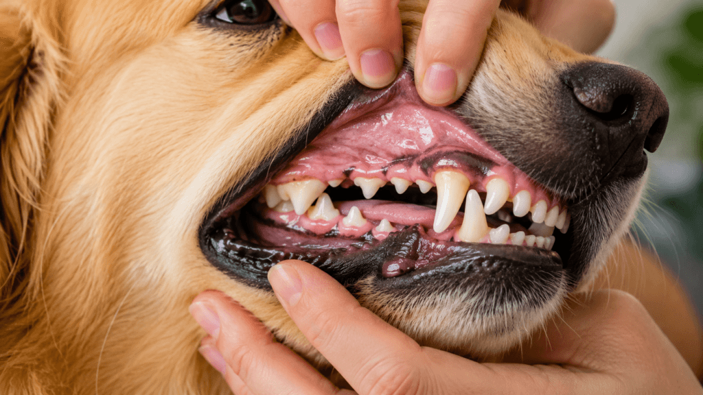 Close-up view of a dogs teeth showing the buildup that leads to periodontal disease-thelostpie