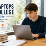 College student using a laptop at a library desk, representing the best laptops for college students -thelostpie
