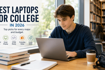 College student using a laptop at a library desk, representing the best laptops for college students -thelostpie