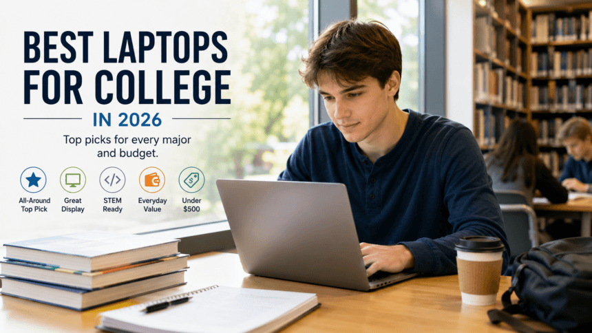 College student using a laptop at a library desk, representing the best laptops for college students -thelostpie