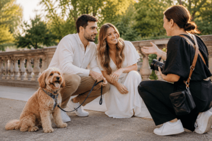 Couple discussing their engagement session with a photographer, with their dog waiting nearby - thelostpie