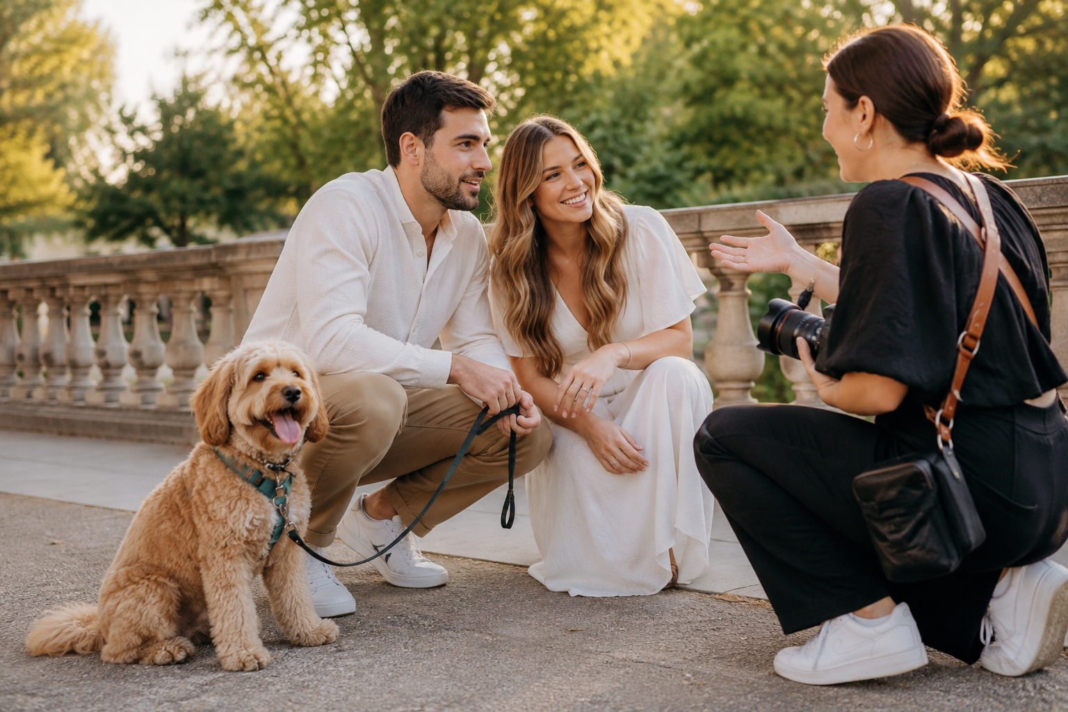 Couple discussing their engagement session with a photographer, with their dog waiting nearby - thelostpie