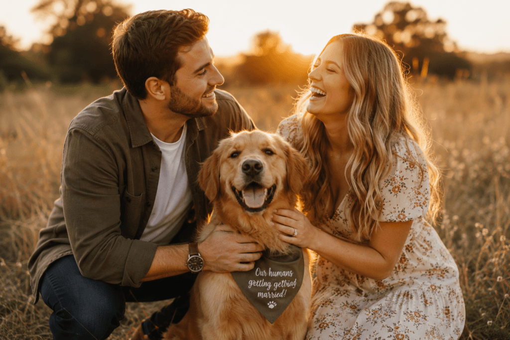 Couple laughing with their dog during an outdoor engagement photo session - thelostpie