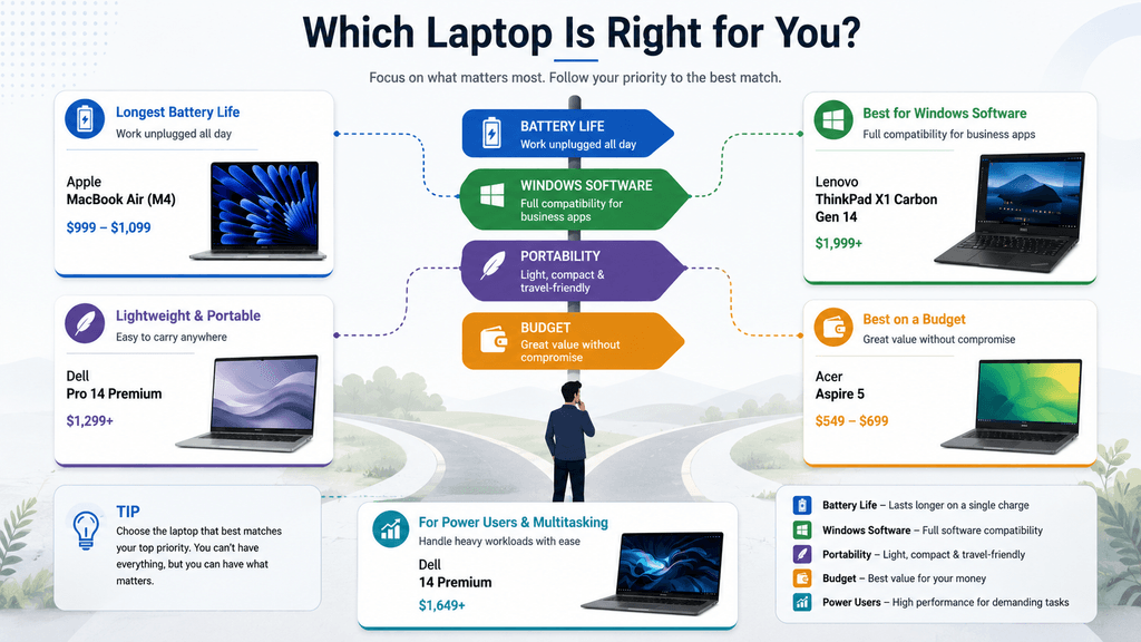 Decision flowchart for choosing the right work laptop based on priorities - thelostpie