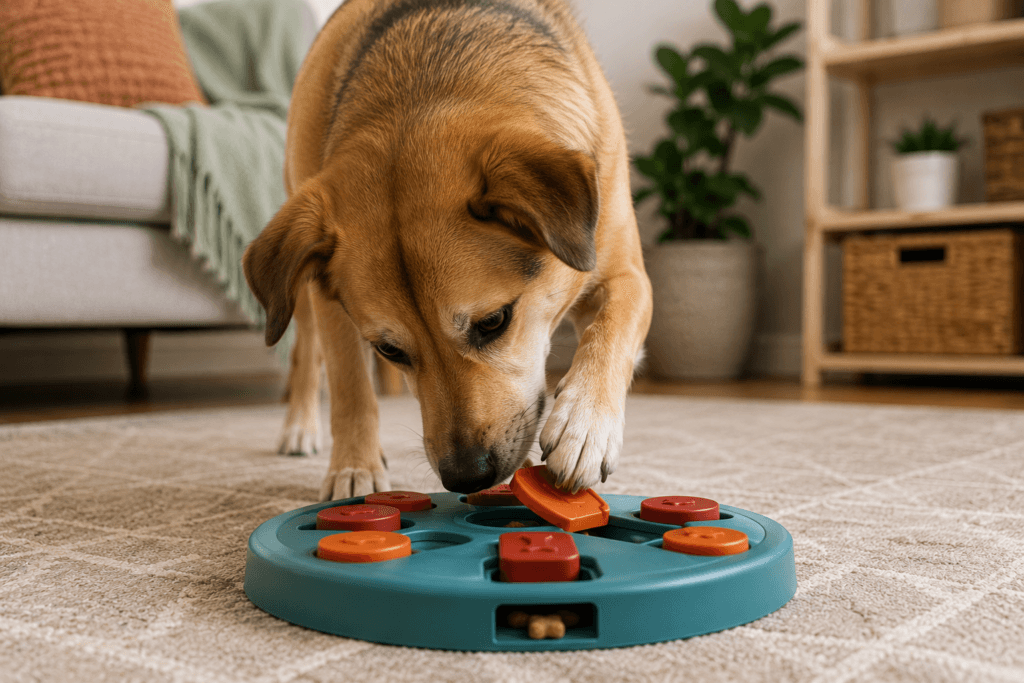 Dog engaging with a treat puzzle toy, a game that builds problem-solving confidence-thelostpie