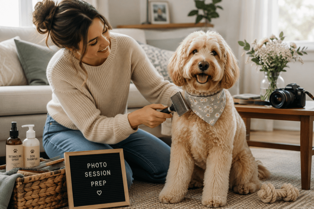 Dog getting brushed and groomed in preparation for an engagement photo session - thelostpie