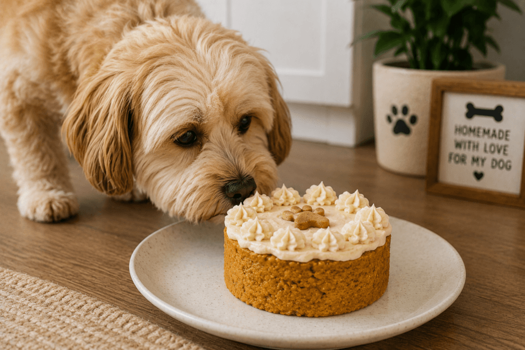 Dog investigating a homemade dog-safe cake before a birthday celebration-thelostpie