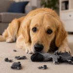 Dog next to a chewed sock, a common example of pica behavior in dogs - thelostpie