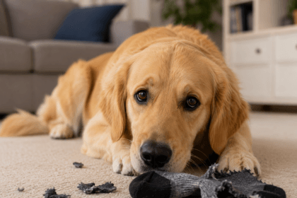 Dog next to a chewed sock, a common example of pica behavior in dogs - thelostpie