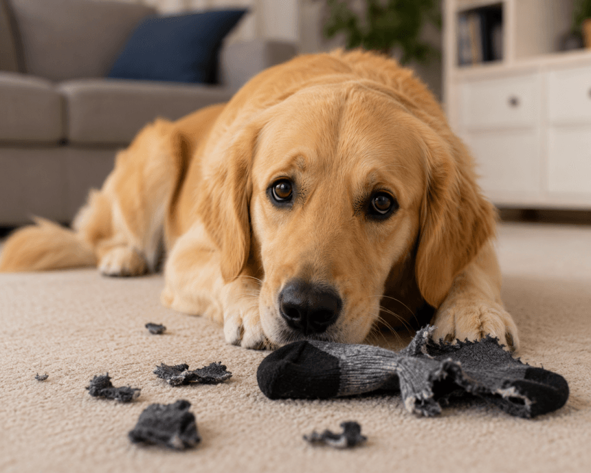 Dog next to a chewed sock, a common example of pica behavior in dogs - thelostpie