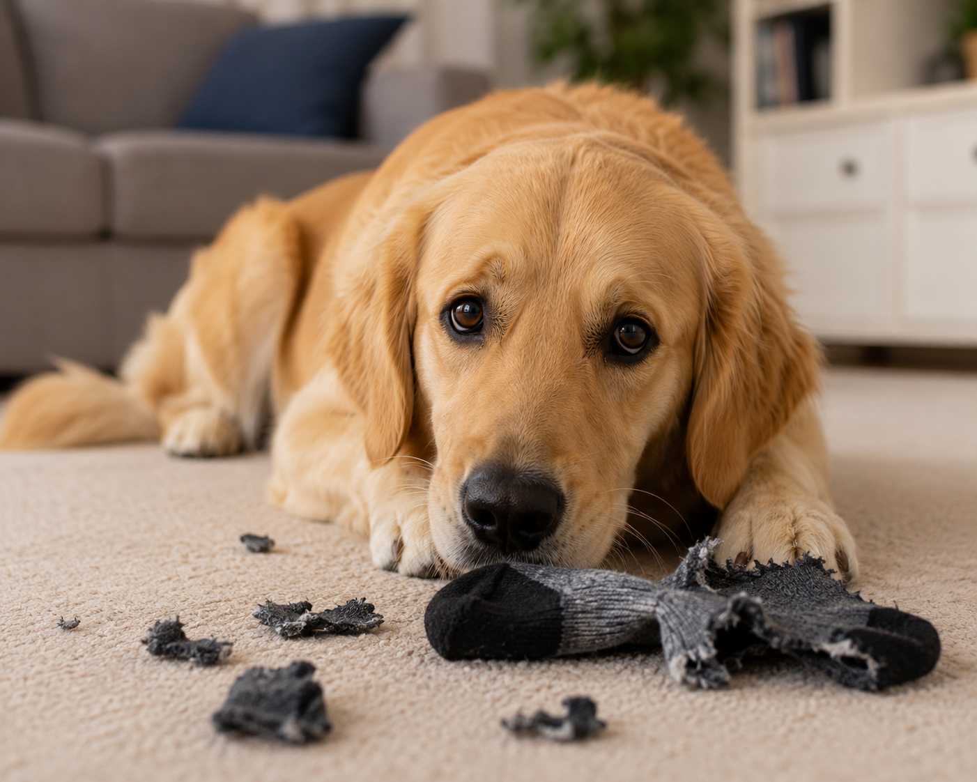 Dog next to a chewed sock, a common example of pica behavior in dogs - thelostpie