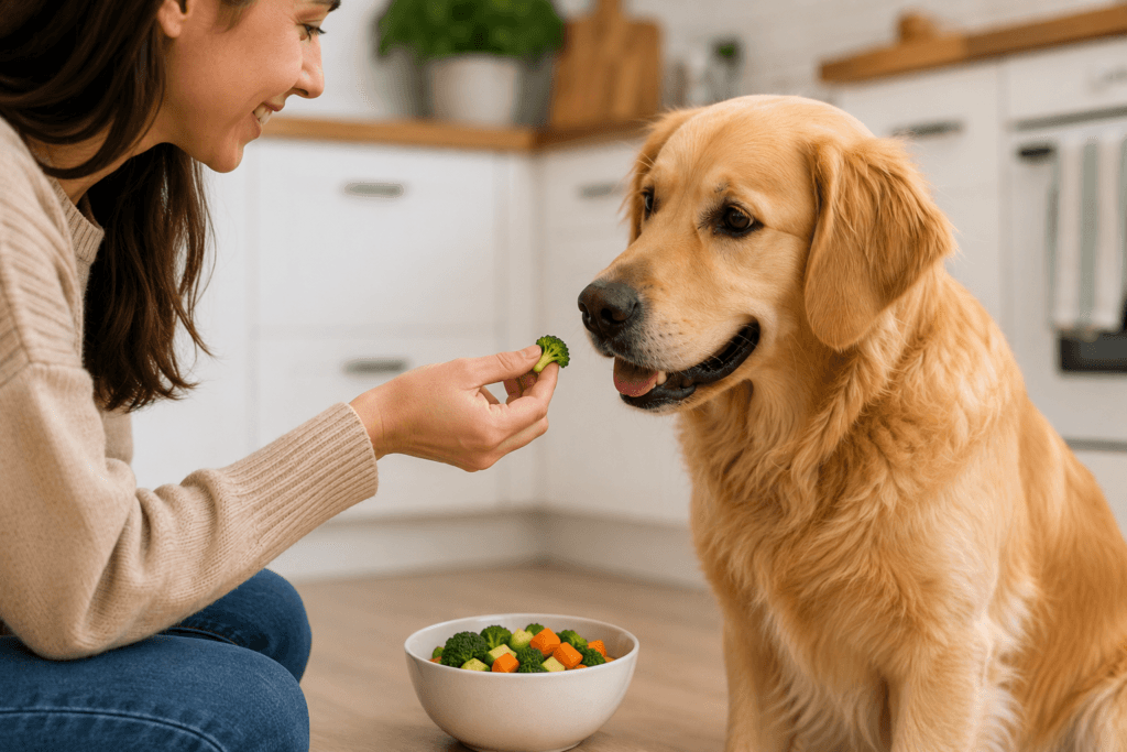 Dog owner offering a small vegetable treat to their dog - thelostpie