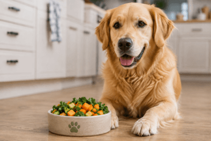 Dog sitting beside a bowl of chopped vegetables at home - thelostpie
