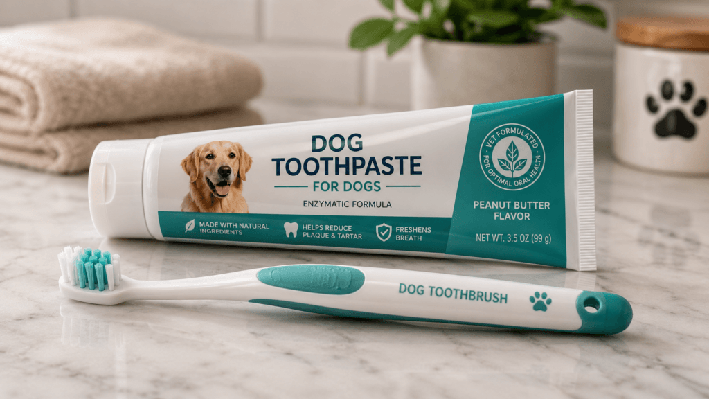 Dog toothbrush and dog-safe toothpaste, tools for a home dental care routine - thelostpie