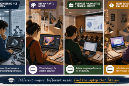 Four different college majors represented side by side, each matched to a laptop recommendation -thelostpie