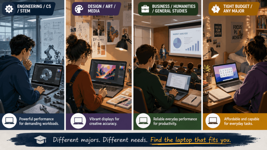 Four different college majors represented side by side, each matched to a laptop recommendation -thelostpie