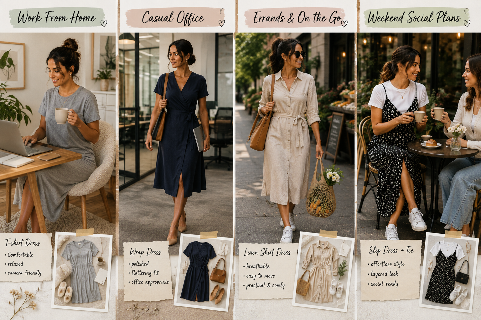 Four different daily routines, each matched to an appropriate 2026 casual dress style - thelostpie