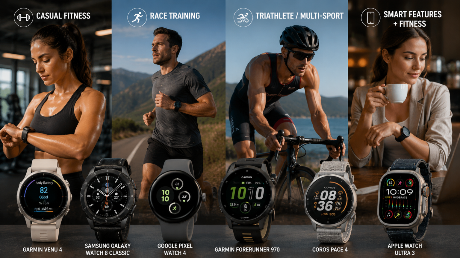 Four different fitness training styles, each matched to an appropriate 2026 smartwatch - thelostpie