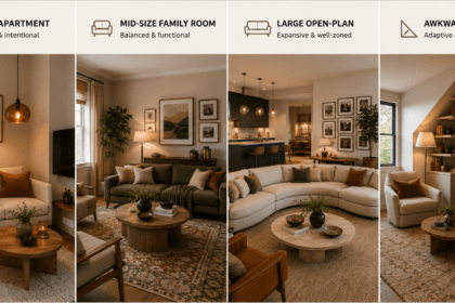 Four different living room sizes and layouts, each matched to appropriate 2026 decor ideas-01 - thelostpie