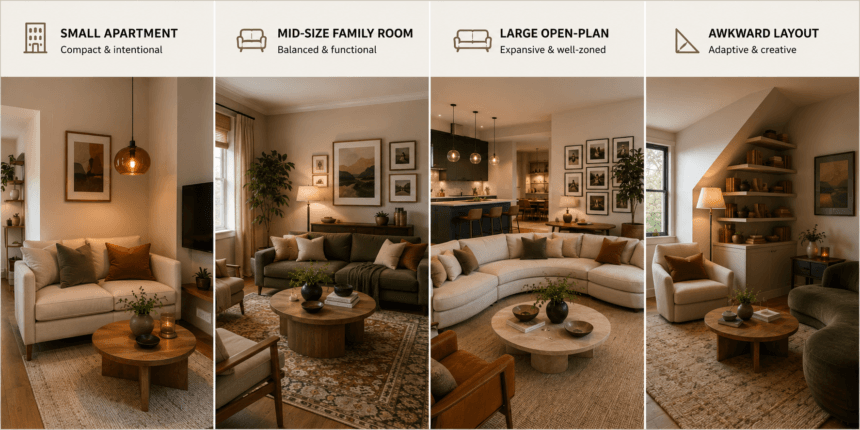 Four different living room sizes and layouts, each matched to appropriate 2026 decor ideas-01 - thelostpie