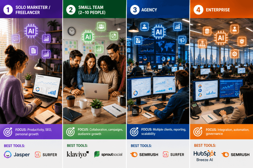 Four different marketing team setups representing solo, small team, agency, and enterprise use cases- thelostpie