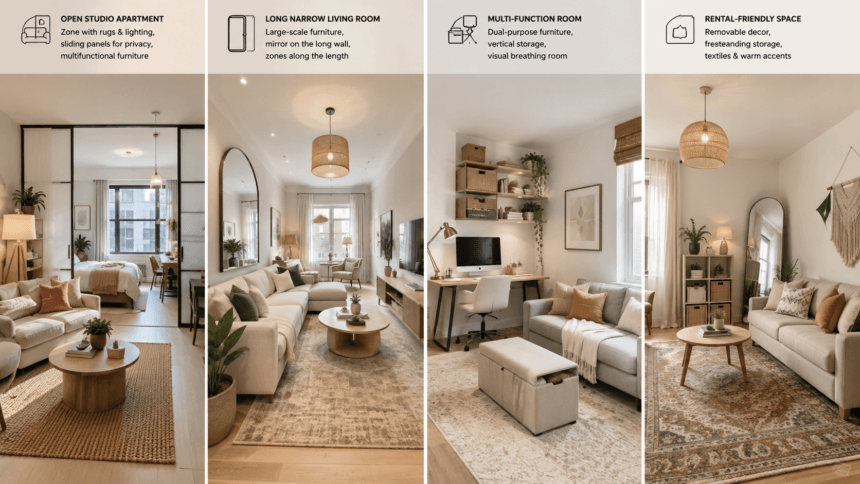 Four different small-space layout types, each matched to appropriate 2026 decor strategies - thelostpie