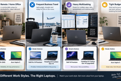 Four different work styles represented side by side, each matched to a laptop recommendation - thelostpie
