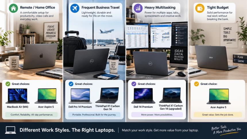 Four different work styles represented side by side, each matched to a laptop recommendation - thelostpie