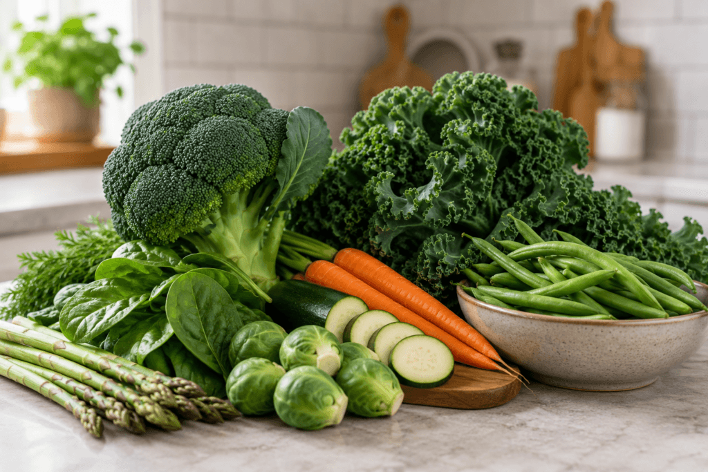 Fresh vegetables including broccoli, kale, and green beans on a kitchen counter - thelostpie