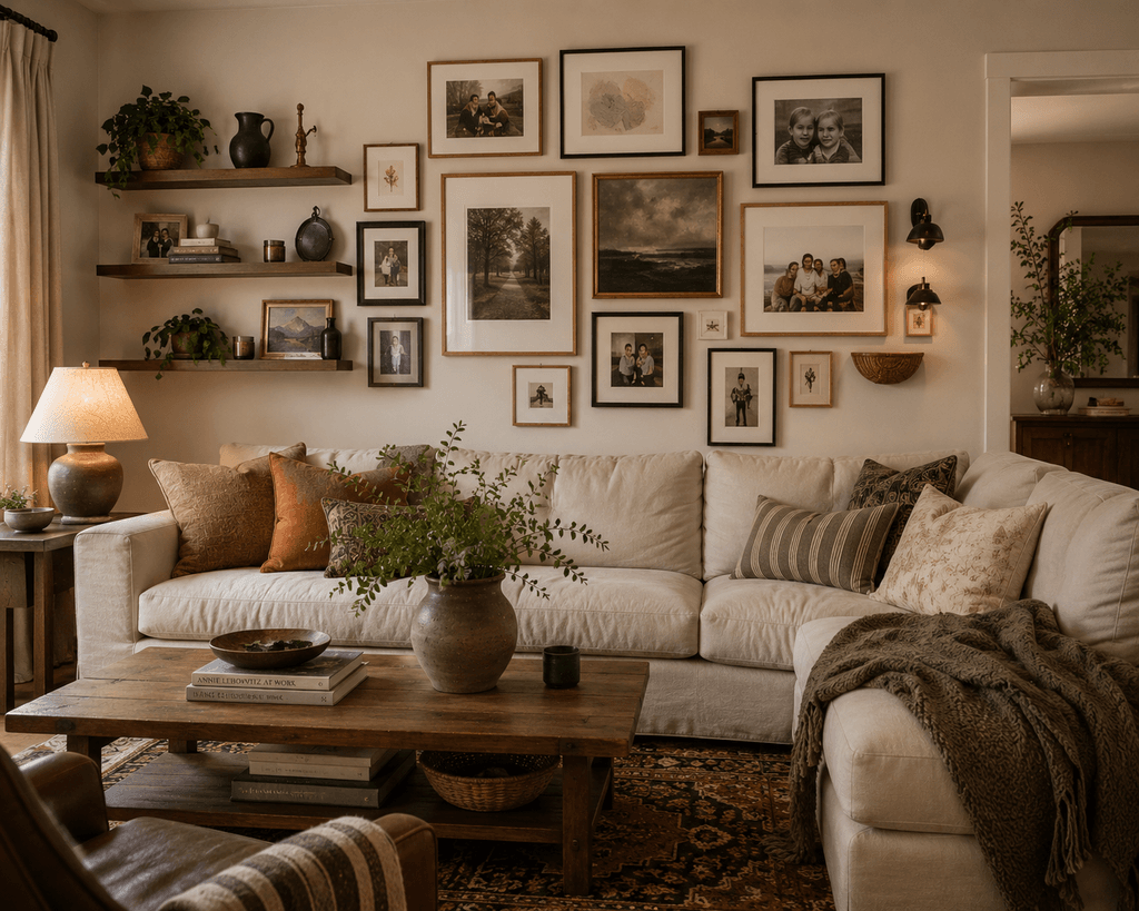 Gallery wall combining personal photographs and curated decor, a signature 2026 design trend - thelostpie