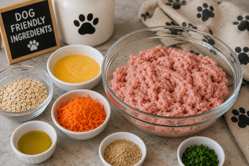 Ground turkey and ingredients prepped for a homemade dog treat recipe - thelostpie