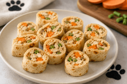 Homemade dog-friendly burrito sliced into bite-sized pieces-thelostpie