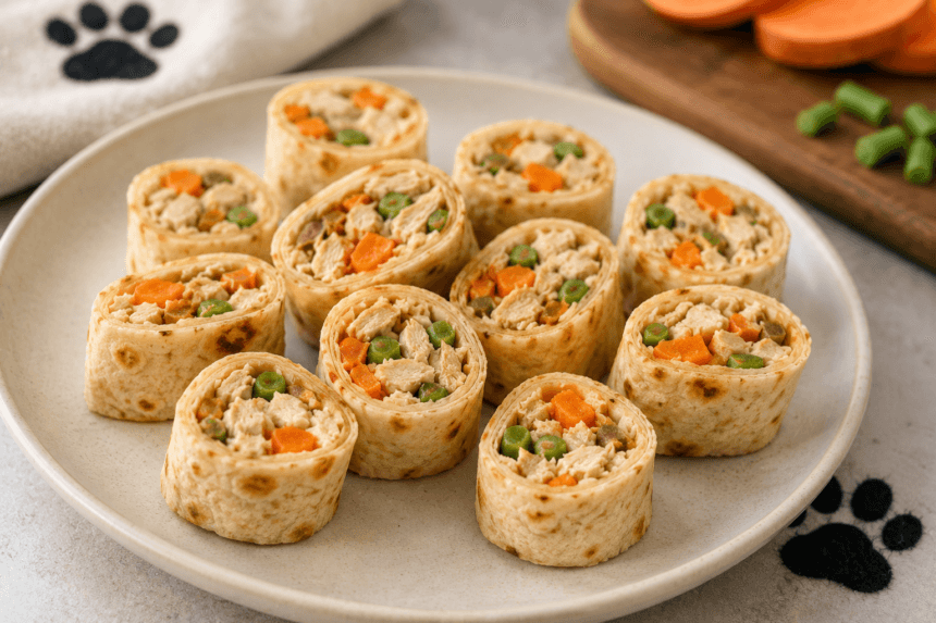 Homemade dog-friendly burrito sliced into bite-sized pieces-thelostpie