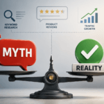 Illustration weighing common AI affiliate marketing tool myths against the reality - thelostpie