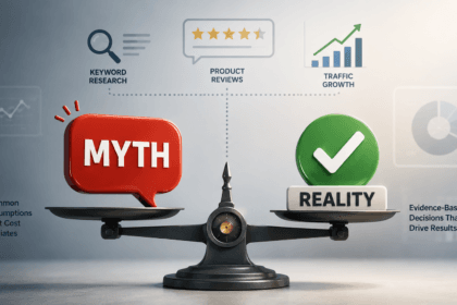 Illustration weighing common AI affiliate marketing tool myths against the reality - thelostpie