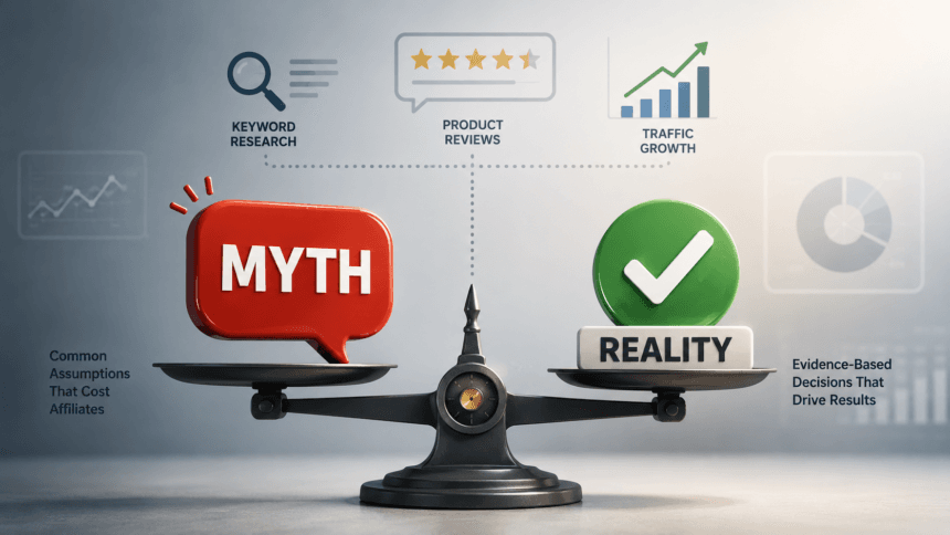 Illustration weighing common AI affiliate marketing tool myths against the reality - thelostpie