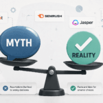 Illustration weighing common AI marketing tool myths against the reality - thelostpie