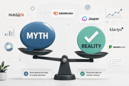 Illustration weighing common AI marketing tool myths against the reality - thelostpie