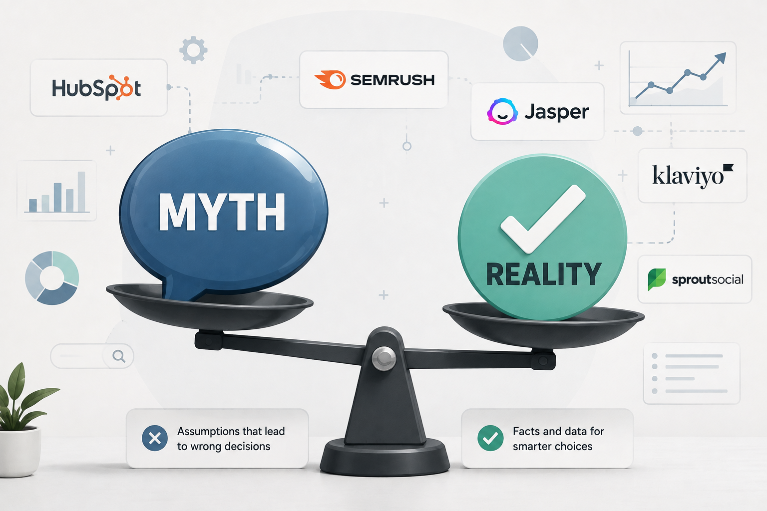 Illustration weighing common AI marketing tool myths against the reality - thelostpie