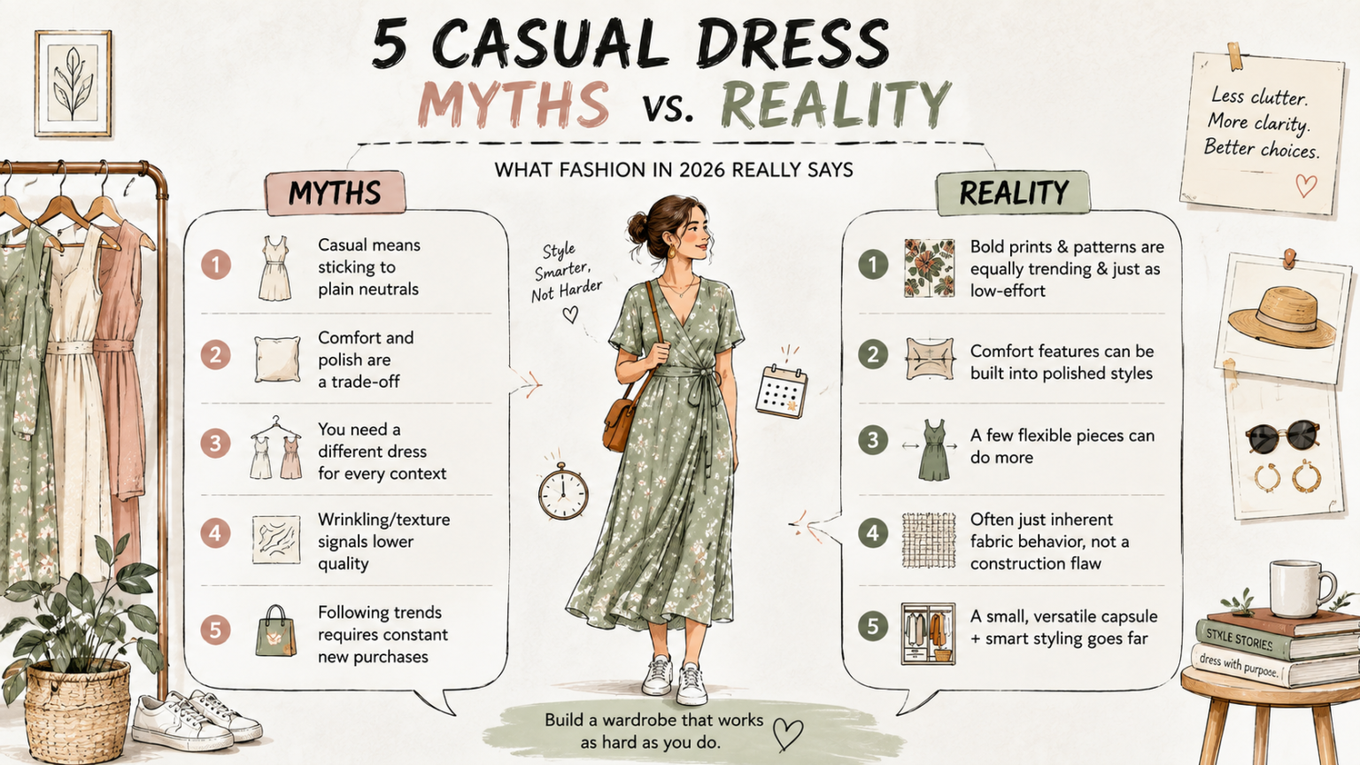 Illustration weighing common casual dress myths against the reality for 2026 - thelostpie