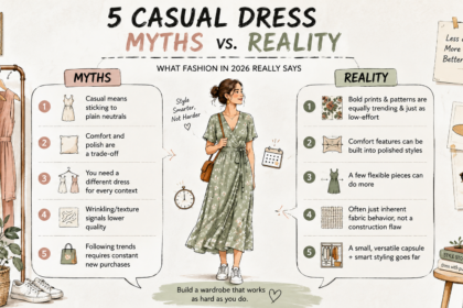 Illustration weighing common casual dress myths against the reality for 2026 - thelostpie