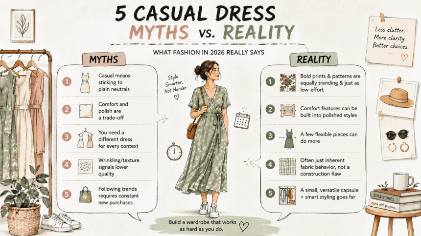 Illustration weighing common casual dress myths against the reality for 2026 - thelostpie