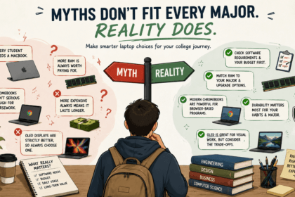 Illustration weighing common college laptop buying myths against the reality - thelostpie
