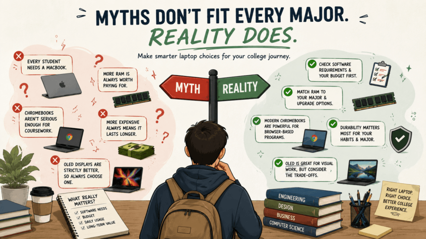 Illustration weighing common college laptop buying myths against the reality - thelostpie
