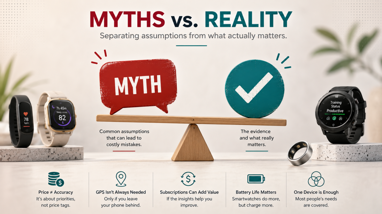Illustration weighing common fitness tracker myths against the reality - thelostpie